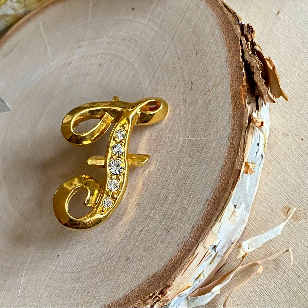 VTG- ‘70s Weighted Monogram Gold Tone “F” Brooch w/ channel set crystals